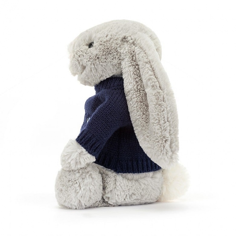 Medium Jelly Cats Bashful Silver Bunny with Personalised Navy Jumper | JTP-816304