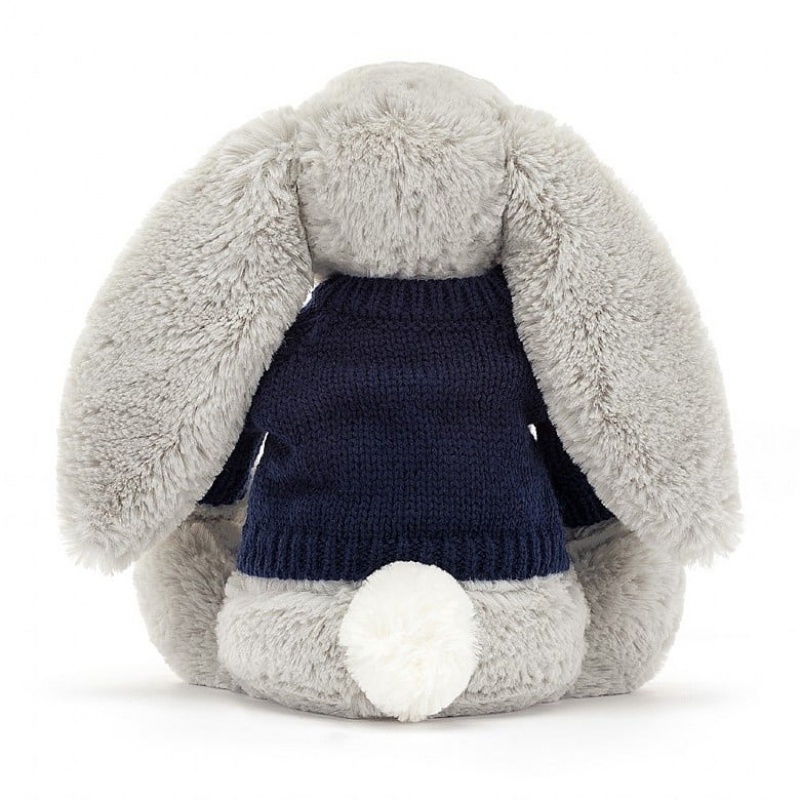 Medium Jelly Cats Bashful Silver Bunny with Personalised Navy Jumper | JTP-816304