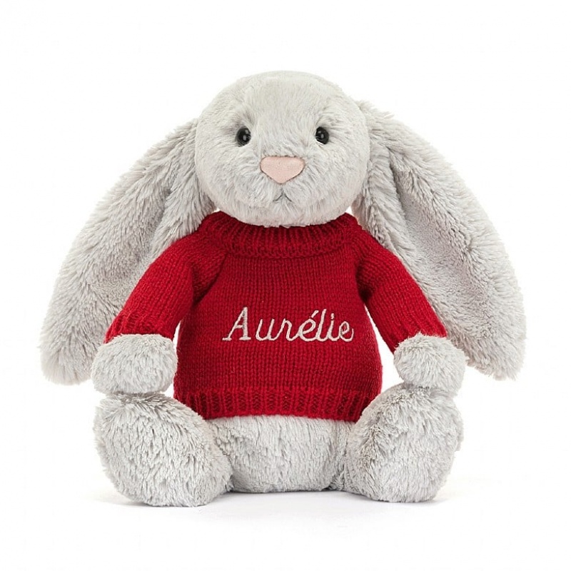 Medium Jelly Cats Bashful Silver Bunny with Personalised Red Jumper | BTW-210983