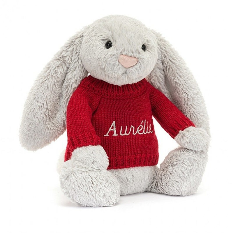 Medium Jelly Cats Bashful Silver Bunny with Personalised Red Jumper | BTW-210983