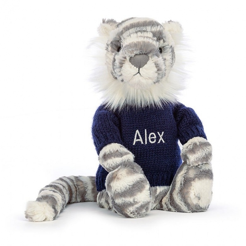 Medium Jelly Cats Bashful Snow Tiger with Personalised Navy Jumper | CQF-038726