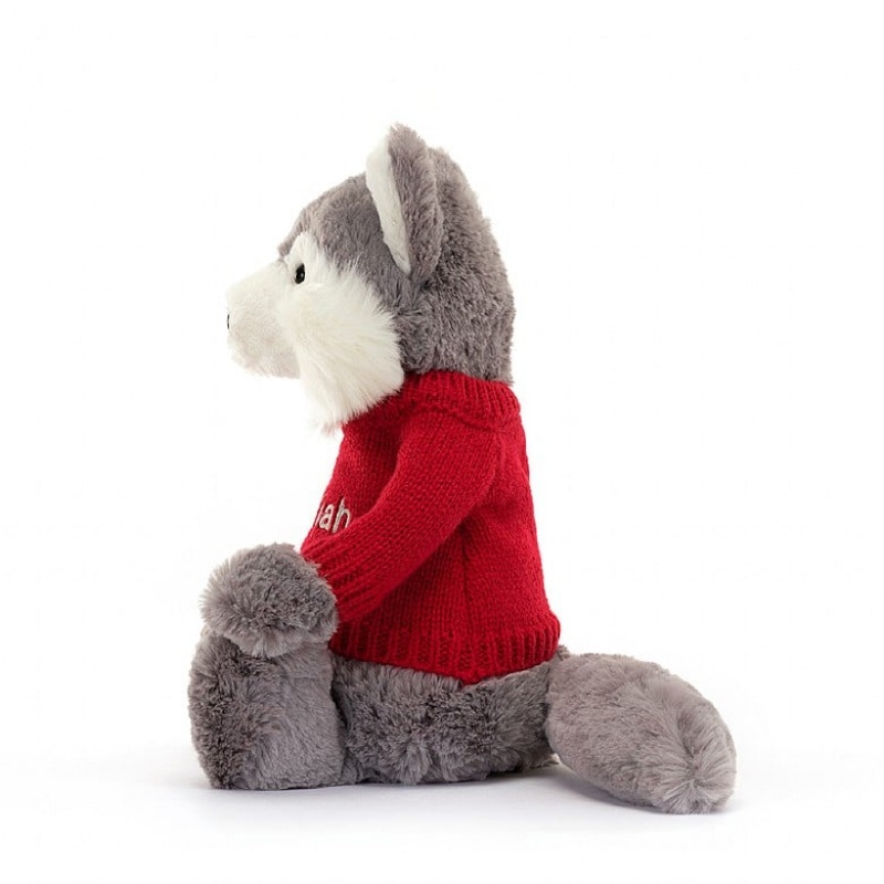 Medium Jelly Cats Bashful Wolf with Personalised Red Jumper | ENK-715824