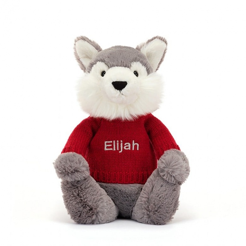 Medium Jelly Cats Bashful Wolf with Personalised Red Jumper | ENK-715824