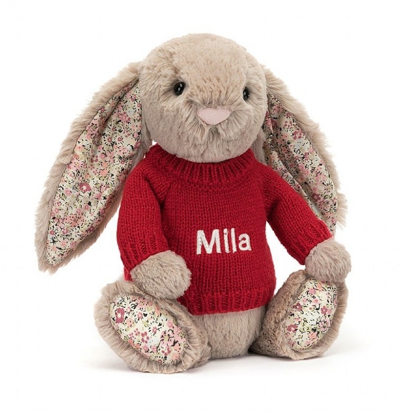 Medium Jelly Cats Blossom Bea Beige Bunny with Personalised Red Jumper | EUH-235490