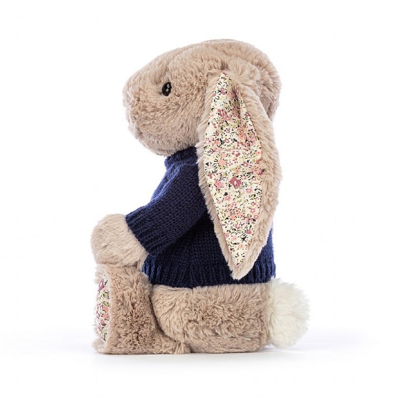 Medium Jelly Cats Blossom Bea Beige Bunny with Personalised Navy Jumper | PYX-578103