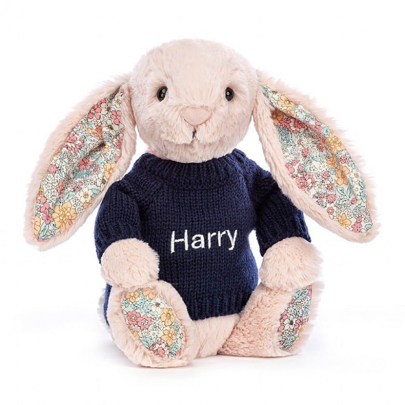 Medium Jelly Cats Blossom Blush Bunny with Personalised Navy Jumper | DQP-435876