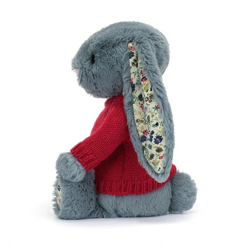 Medium Jelly Cats Blossom Dusky Blue Bunny with Personalised Red Jumper | UKC-132967