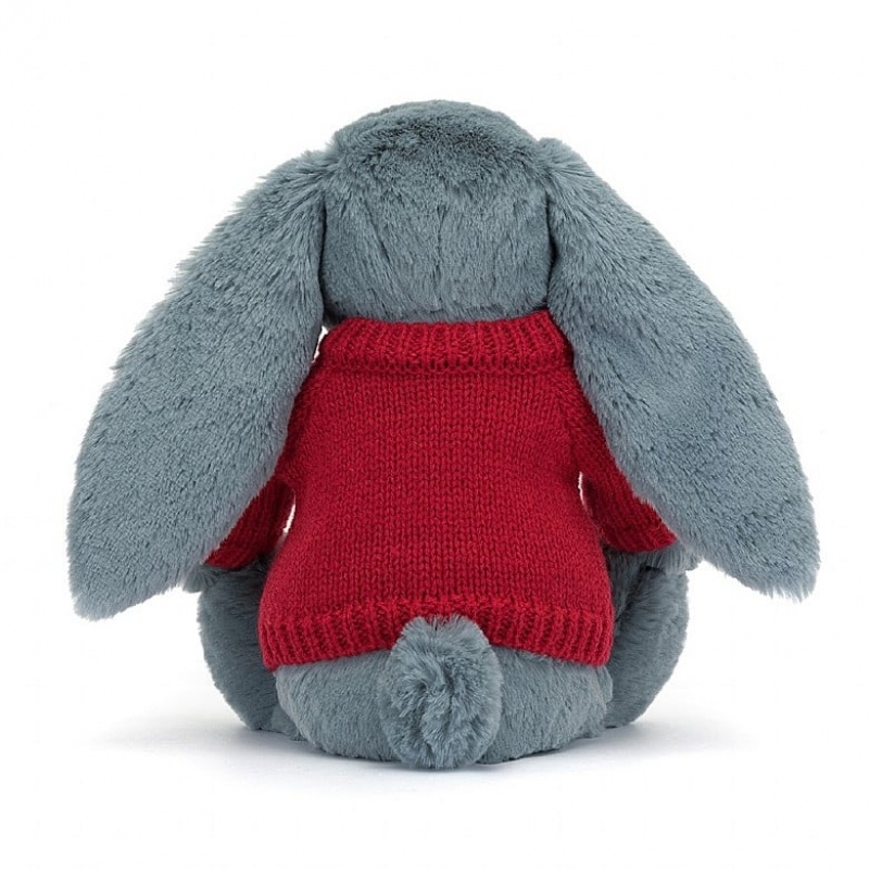 Medium Jelly Cats Blossom Dusky Blue Bunny with Personalised Red Jumper | UKC-132967