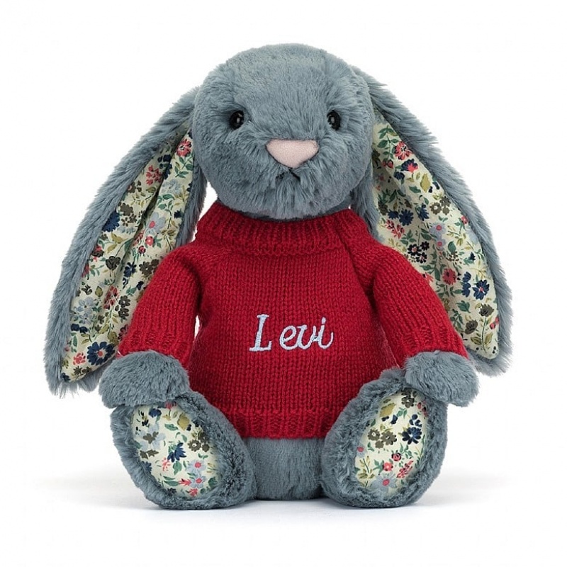 Medium Jelly Cats Blossom Dusky Blue Bunny with Personalised Red Jumper | UKC-132967