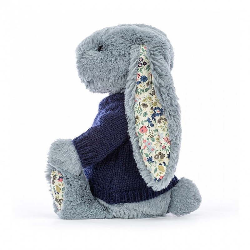 Medium Jelly Cats Blossom Dusky Blue with Personalised Navy Jumper | UTL-782963