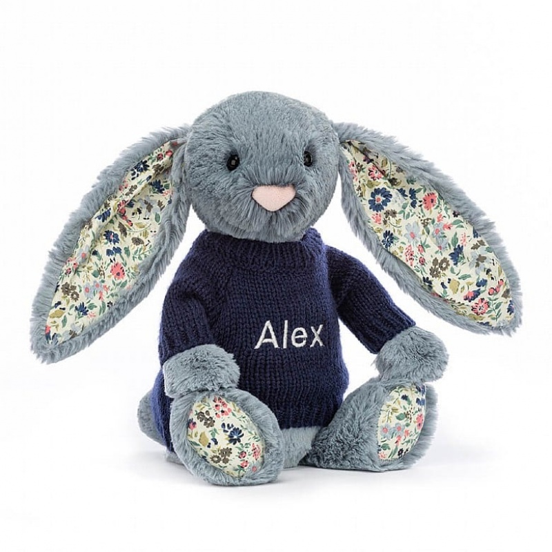 Medium Jelly Cats Blossom Dusky Blue with Personalised Navy Jumper | UTL-782963